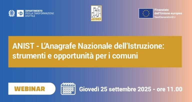 Anagrafe Nazionale Istruzione, giovedì 25 settembre webinar su strumenti e opportunità per Comuni