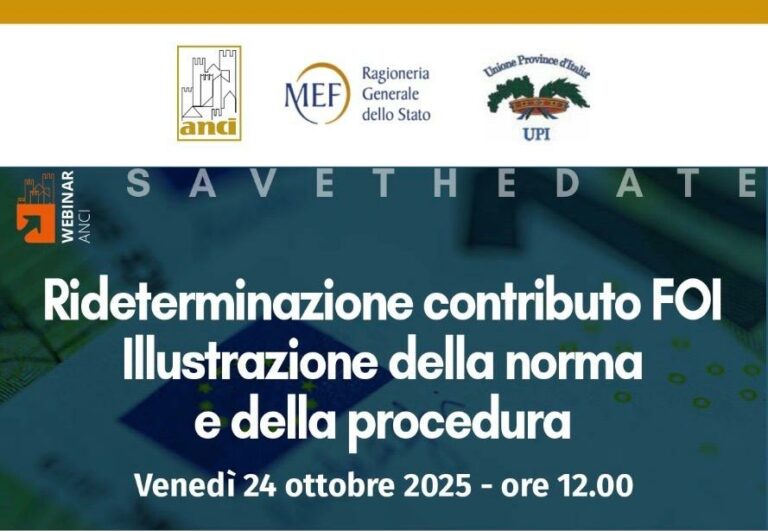 Il 24 ottobre Webinar Anci, Upi, Mef sulla rideterminazione del contributo FOI